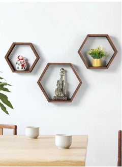 اشتري 3-Piece Wall-Mounted Wooden Shelving Display Rack/Wooden Storage Rack Brown في الامارات