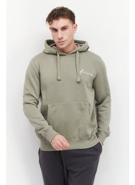 Buy Men Embroidered Logo Long Sleeves Hoodie, Light Olive in UAE