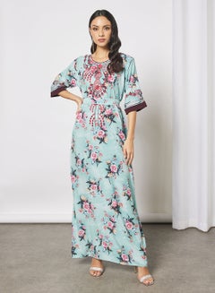 Buy Jalabiya With Floral Embroidery In Front And Short Sleeves With Belt in Saudi Arabia