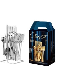 Buy 24 Piece Silverware Flatware Set With Stand,Stainless Steel Utensils Service set for 6,Mirror Polished Cutlery Set,Dishwasher Safe Knife Fork Spoon Tableware set,Silver in Saudi Arabia