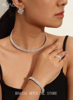 Buy 4 Pcs Rhinestone Choker Bracelet Ring Earrings Studs Set Double Row Round Diamond Collar Necklace Bridal Evening Dress Accessories for Women Silver/Clear in Saudi Arabia