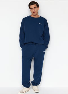 Buy Indigo Tracksuit Set Oversize / Wide Cut Text Printed With Fleece Inside TMNAW24EM00004 in Egypt