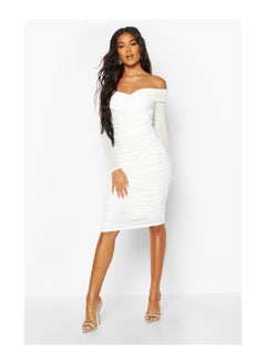 اشتري Off Shoulder Ruched Mesh Bodycon Midi Dress في السعودية