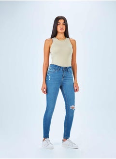 Buy High Waist Medium Washed Distressed Skinny Jeans. in Saudi Arabia