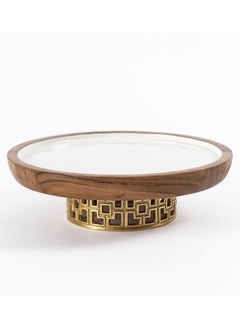 Buy Damask Small Wooden Serving Dish, White & Gold - 25 cm in UAE