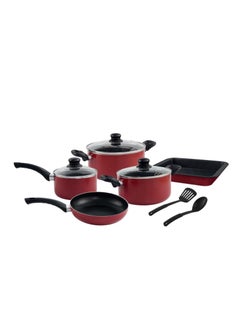 اشتري 10 Piece Non-Stick Cookware Set Red Cooking Pot Sause Pan Fry Pan Bake Pan Spatula BLO10 في الامارات