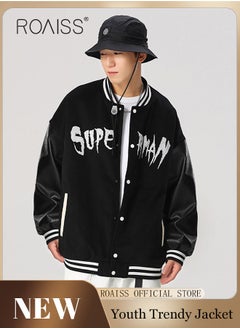 Buy Men Baseball Jacket Spring Autumn Uniform Jackets Fashion Oversized Graphic Striped Trim Drop Shoulder Corduroy Varsity Jacket Preppy Striped Stand Collar Jacket in Saudi Arabia