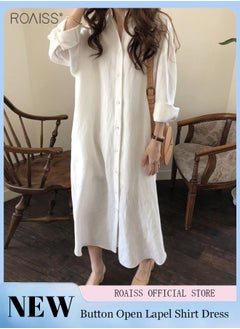 اشتري Women's Casual Cotton Shirt Dress Classic Polo Collar Long Sleeve Button Open Closed Shirt Cardigan Loose Sunscreen Solid Color Dress في الامارات