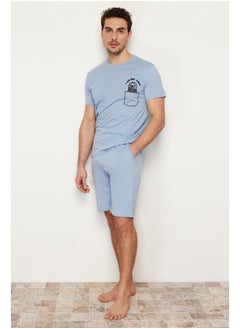 Buy Blue Men's Printed Regular Fit Knitted Pajamas Set in Egypt