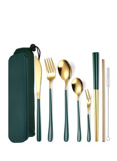 اشتري Portable Reusable Cutlery Set, Travel Utensils Set with Case, Stainless Steel Flatware Set Including Knife Fork Spoon Chopsticks Straws Brush, Dishwasher Safe (8Pcs Green golden) في الامارات