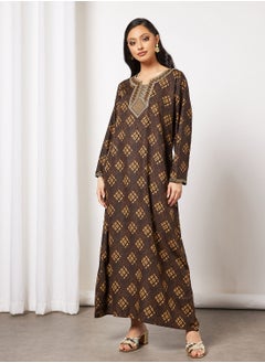 Buy All-Over Printed Long Sleeve Cotton Jalabiya in UAE