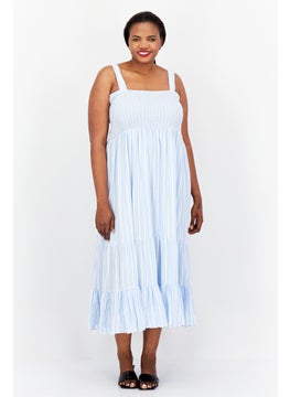 اشتري Women Plus Size Strip Maxi Fit Flare Dress, Blue/White في الامارات