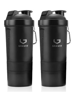 Buy GRAVIT Protein Shaker Bottle Protein Shakes 3 Layer Non-Slip BPA Free Plastic Shaker Cup with Pill Tray & Protein Powder for Home Office Gym Car Sport Shaker Mixer (2 Piece Set Black) in UAE