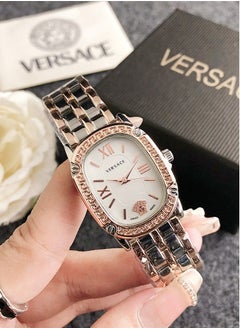 Buy Versace Women's Cubic Zirconia Classic Fashion Versatile Rectangular Quartz Watch, Paired with Rose Gold and Silver Spliced Stainless Steel Strap, 26mm White dial in UAE