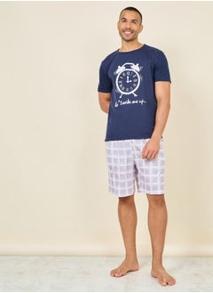 اشتري Clock Slogan Print T-shirt and Checkered Short Set في السعودية