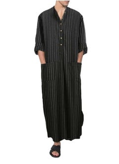 اشتري Men's Muslim Stripe Pattern Loose Robe Thobe Long Sleeve Side Split Kaftan Black في الامارات