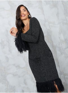 Buy Square Neck Fuzzy Cuff Sleeve Tweed Knee Length Dress in Saudi Arabia