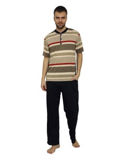 Buy Turkish Cotton T-Shirt and Pants Pyjama Set Homewear Loungewear Beige/Black in UAE