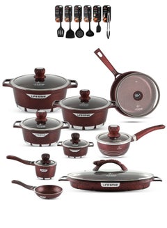 Buy Cookware Set 23 pieces - Cooking Pot and Pan set Aluminum, Granite Non Stick Coating PFOA FREE include Casseroles, Fry Pan, Baby Set, Fish Pan, Sauce Pan, Kitchen Utensils (Red) in UAE