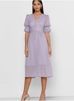 Buy Puffed Sleeve Button Front Midi Dress in UAE