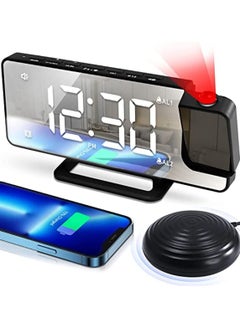 اشتري Extra Loud Alarm Clock with Bed Shaker for Heavy Sleeper Hearing Impaired Deaf LED Digital Clock with 180° Projector 12/24H DST Dual Alarms Snooze with USB Charger for Bedrooms Office في السعودية