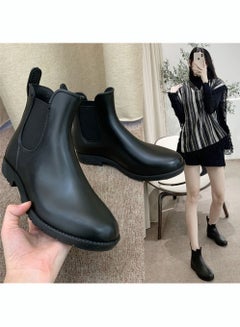 Buy Women's Fashion Chelsea Short Patent Leather Boots Elastic Low Flat Boots Non-Slip Slip On Boots in Saudi Arabia