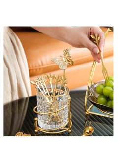 اشتري Dessert Spoons Set, 6 Pcs Coffee Spoons and Forks with Glass Holder, Stainless Steel Gold Mini Tea Spoons Set for Fruit, Stirring, Mixing, Ice Cream, Cake في السعودية