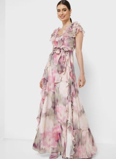 Buy Printed Tiered Plunge Neck Dress in UAE