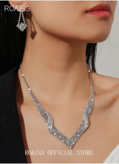 Buy 3 Pcs Rhinestone Necklace Earrings Set Flash Diamond V-neck Collar Chain Ear Drop Dangle Bridal Evening Dress Accessories for Women Silver/Clear in Saudi Arabia