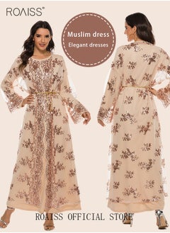 اشتري Women's Sequin Embroidered Robe Floral Print Muslim Long Flared Sleeve Maxi Dresses with Pearl Waist Rope Crew Neck Lace Dresses Champagne Color في الامارات