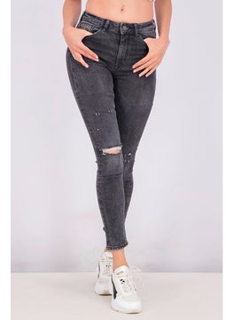 Buy Women Skinny Fit High Waisted Rip Jeans, Black in Saudi Arabia