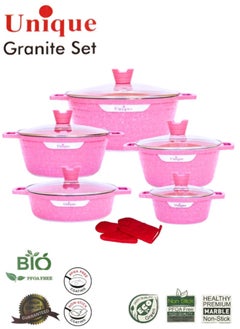 Buy High Temperature Resistant Inner and Outer Granite Coated Non-Stick Cookware Set of 12 Pieces (PINK) in Saudi Arabia