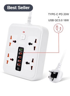 اشتري Power Socket / Power Strip / Power Extension with TYPE-C PD 20W + USB QC 3.0 Fast Charging 6 Ports, Universal Power Socket / 4-Way Power Strip / 2m Extension Cable White في السعودية