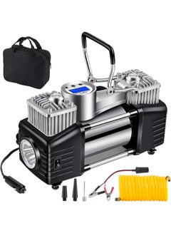 Buy High-Performance Dual Cylinder Car Air Compressor | Portable Tire Inflator, Pump with LED Light | SUV, Truck, Off-Road, 4x4 | Auto Emergency Kit with Digital Gauge & Dual Power Supply in UAE