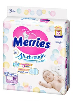 Buy Merries Japanese Tape Diapers Pants Size Newborn 90, 5000g, Gentle To Skin Baby Tape Diapers, Comfort Jumbo Pack, 90 Count in UAE