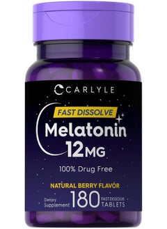 Buy Carlyle Melatonin 12 mg Fast Dissolve 180 Tablets | Nighttime Sleep Aid | Natural Berry Flavor | Vegetarian, Non-GMO, Gluten Free in Saudi Arabia