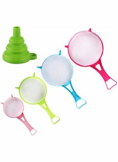 اشتري Plastic Mesh Strainer Colander Set, Food Soy Milk Flour Sieve Plastic Colander Strainer with Long Handle Icing Sugar Sifters Fine Strainer Tea Filter and Silicone Foldable Funnel, 4Pcs, Random Color في الامارات