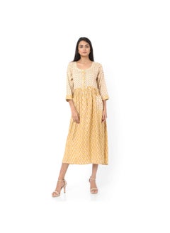 Buy SHORT YELLOW COLOUR STYLISH HIGH QUALITY PRINTED WITH FRONT BUTTONED STYLED ARABIC KAFTAN JALABIYA DRESS in UAE