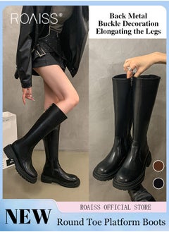 Buy Women Knee High Riding Boots Round Toe Thick Platform Tall Boots Enhancing Calf Shape Spacious Shaft Circumference Ample Volume Elevated Height with Thick Soles Fashionable and Versatile in Saudi Arabia