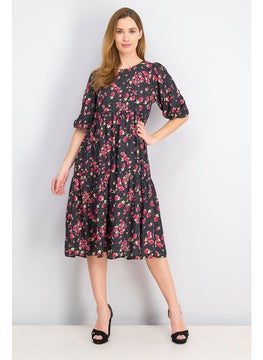 Buy Women Floral Puffed Sleeve Midi Dress, Black in UAE