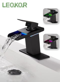 اشتري LED Bathroom Sink Faucet, Matte Black Waterfall Single Hole Handle Bath Vanity Faucet Open Stainless Steel Spout Faucet في السعودية