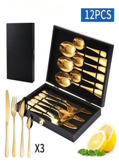 Buy Stainless Steel Knife, Fork And Spoon Cutlery Set, Western Steak Knife And Fork Wooden Gift Box 12-Piece Set in UAE