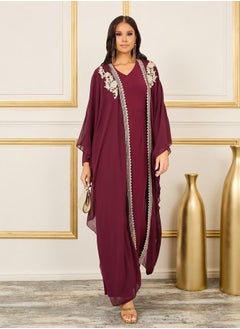 Buy Embroidered Patch Pearl Lace Trim Abaya and Jumpsuit Set in Saudi Arabia