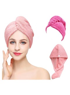 اشتري 2 Pack Hair Drying Towels, Microfiber Dry Cap Absorbent Fast Turbans With Elastic Loop and Button, Hair Towel Wrap Quick Dry for Women's Wet Hair (Pink, Rose Red) في الامارات