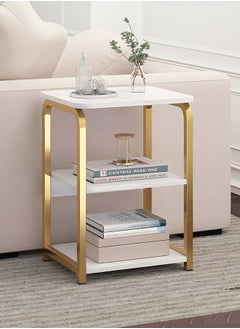 Buy White and Gold Side Table Nightstand 3-Tier And Bedside Table for Small Spaces Modern Nightstand with Metal Frame and Marble Grain for Bedroom in UAE