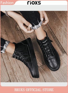 اشتري Men's Casual Fashion Patent Leather Shoes High Top Sneakers Lightweight Lace Up Flat Shoes في السعودية
