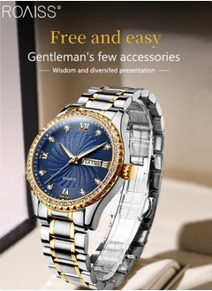 Buy Men's Stainless Steel Strap Quartz Watch Analog Display Round Blue Dial with Rhinestone-set Bezel Waterproof Luminous Wristwatch as Gift for Men in UAE