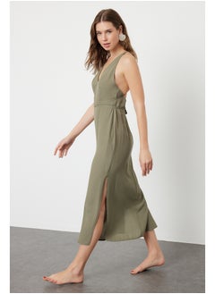 Buy Khaki Midi Woven Back Low-cut Beach Dress TBESS22EL0727 in Egypt