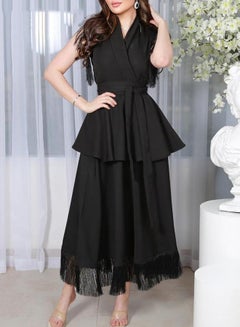 Buy Black Elegant Satin VNeck Fringed Hem Dress in Saudi Arabia