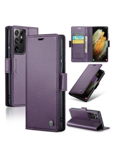Buy Flip Wallet Case For Samsung Galaxy S21 Ultra, [RFID Blocking] PU Leather Wallet Flip Folio Case with Card Holder Kickstand Shockproof Phone Cover (Purple) in UAE